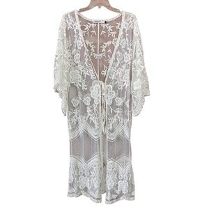 Origami by Vivian Lace Bohemian Long Kimono Duster Coverup Off White (Size F)